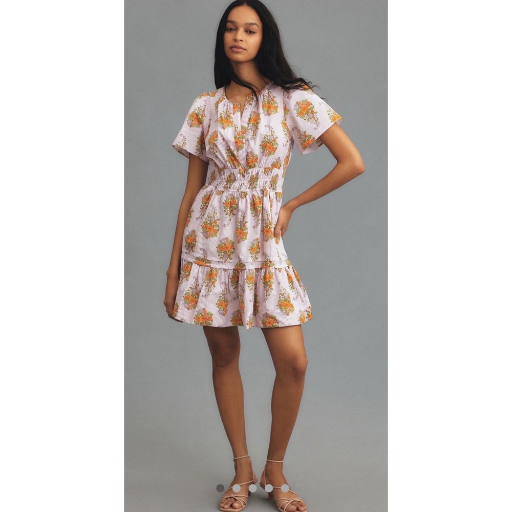 Anthropologie Somerset Mini Dress Pink Striped Floral Smocked Waist V-Neck